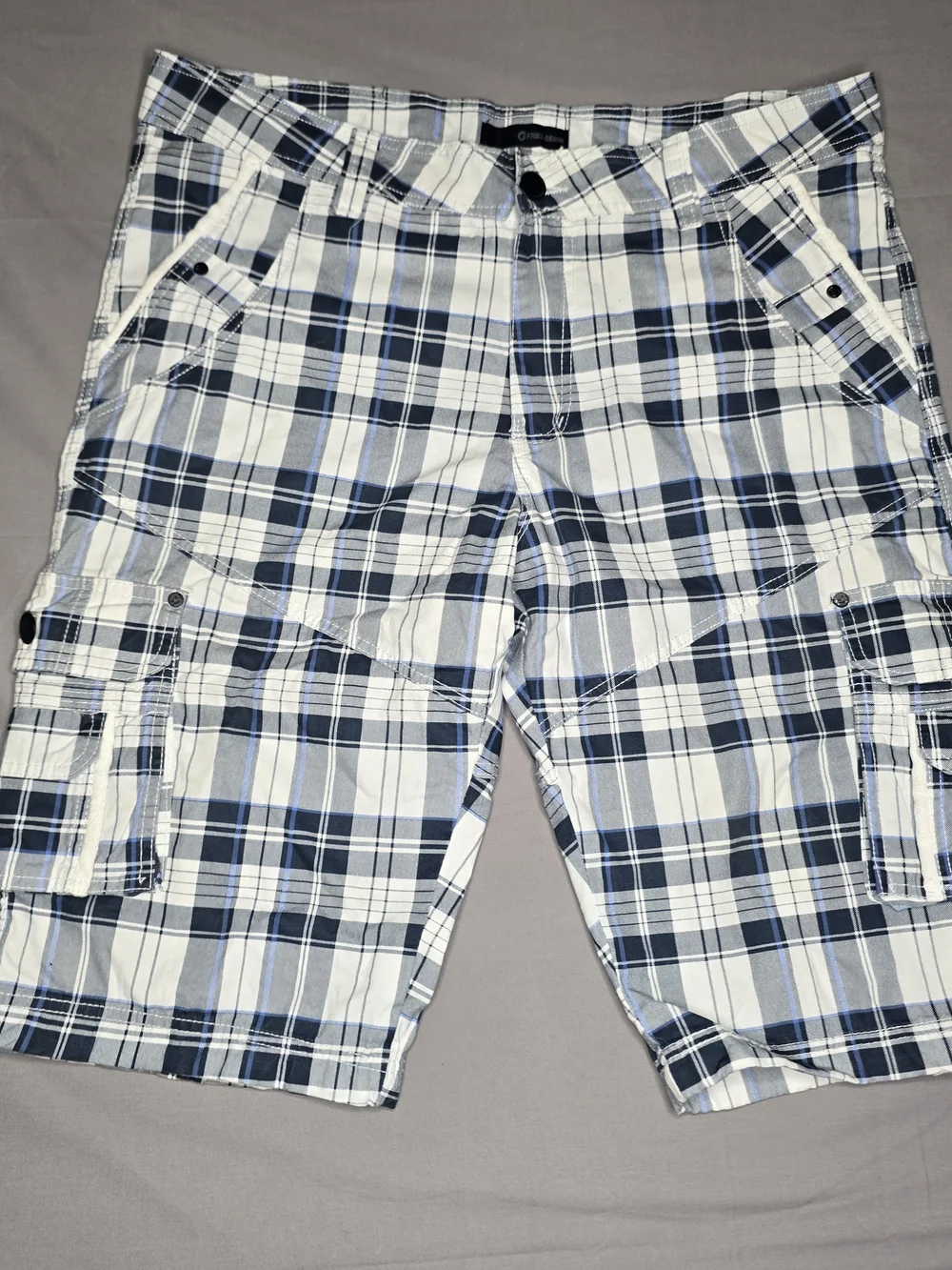 Fried Denim Plaid Cargo Shorts Men's 36 Y2K Baggy Skater Utility Blue White